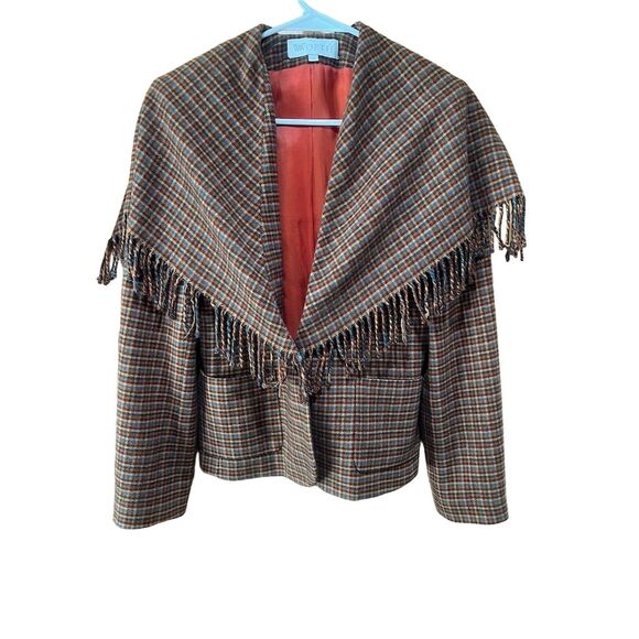 Worth Vintage 90s Plaid Tweed Blazer S Brown Fringed Shawl Collar - Picture 8 of 13